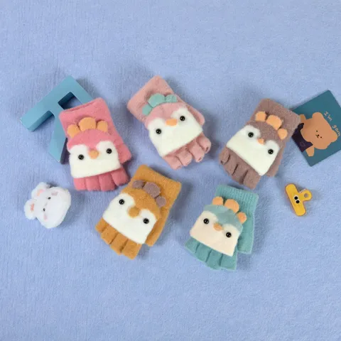 Kinder Winter Warm Gefütterte Halbfinger Klapphandschuhe Süß Cartoon Tier Strick Fäustlinge
