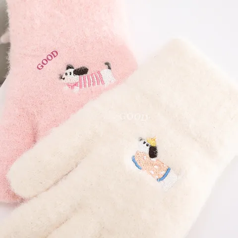 Damen Süß Welpe Bestickt Warm Strick Handschuhe Winter Winddicht Weich Touch Thermische Handschuhe Weibliche Fäustlinge