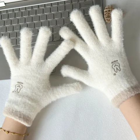 Damen Winter Warm Plüsch Strickhandschuhe Touchscreen Süße Kaninchen Stickerei Verdickte Kältefeste Fäustlinge