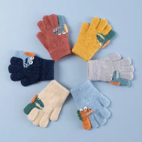 Kinder Winter Gestrickte Handschuhe Süßes Kleines Dinosaurier Muster Voller Finger Warme Dicke Handschuhe Für Jungen Und Mädchen