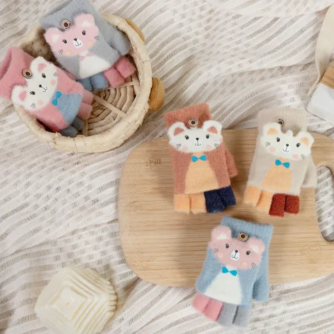 Kinder Gestrickte Halbfinger Klapphandschuhe Süße Cartoon Tier Warme Winterhandschuhe Für Jungen Mädchen Schreibfäustlinge