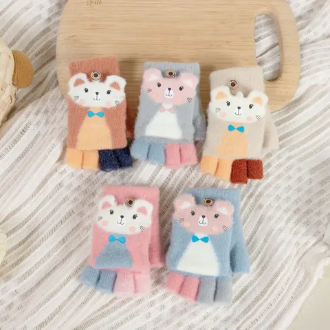 Kinder Gestrickte Halbfinger Klapphandschuhe Süße Cartoon Tier Warme Winterhandschuhe Für Jungen Mädchen Schreibfäustlinge