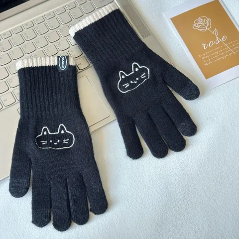 Damen Winter Warme Touchscreen Handschuhe Süße Katze Stickerei Polyacryl Gestreickte Thermische Handschuhe Schwarz Radfahren Outdoor Handschuhe