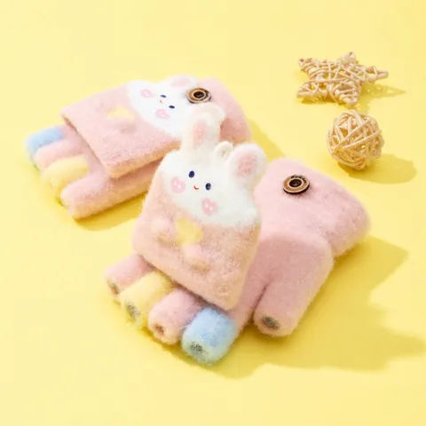 Kinder Winter Warme Halbfinger Klapphandschuhe Süßes Cartoon Kaninchen Gestrickte Handschuhe Für Schule Tägliche Kinder Handschuhe