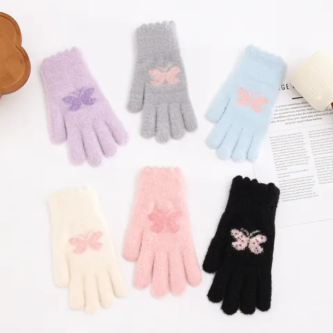 Damen Winter Warme Strickhandschuhe Süßer Schmetterling Jacquard Verdickte Fleecefütterung Kaltwetter Fäustlinge Alltag