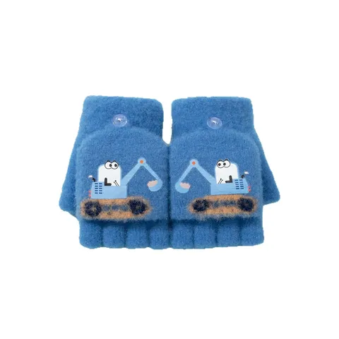 Kinder Winter Warm Strickhandschuhe Süßes Bagger Muster Halbfinger Klappdeckel Kälteschutz Wolle Handschuhe Kinder Fäustlinge