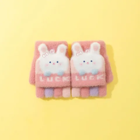 Kinder Warme Gestrickte Halbfinger Handschuhe Suesse Cartoon Hase Flip-Top Design Winter Handschuhe Jungen Maedchen
