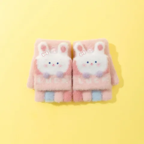Kinder Warme Gestrickte Halbfinger Handschuhe Suesse Cartoon Hase Flip-Top Design Winter Handschuhe Jungen Maedchen