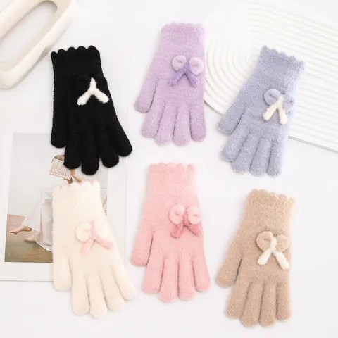 Damen Winter Warme Gestrickte Handschuhe Fleece Verdickt Touchscreen Winddichte Fäustlinge Mit Süßer 3D Schleife Mode Pendeln