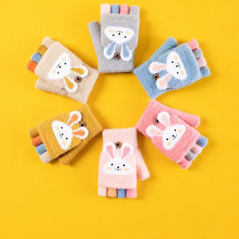 Kinderen Leuke Cartoon Konijn Fleece Thermische Handschoenen Winter Verdikte Warm Flip Halve Vingers Wandwanten Kinderen Outdoor Handschoenen