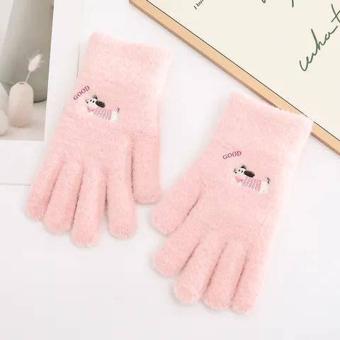 Women's Winter Warm Knit Gloves Cute Cartoon Puppy Embroidery Touch Screen Gloves Casual Commuting Thermal Mittens