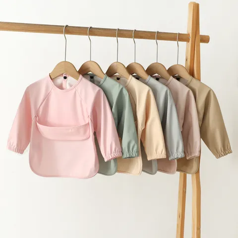Baby Waterproof Long Sleeve Coverall Bib Infant Feeding Apron Toddler Smock Solid Color Polyester Unisex