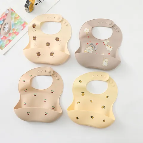 Baby Waterproof Silicone Bib Soft Food Grade Infant Feeding Saliva Towel Cute Cartoon Print Adjustable Toddler Bib
