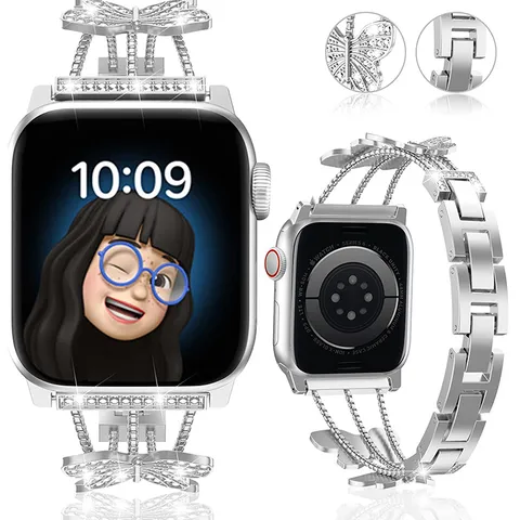 Cinturino di Ricambio per Smartwatch in Metallo con Strass e Farfalla Cinturino Regolabile in Acciaio Inossidabile per Serie Apple Watch