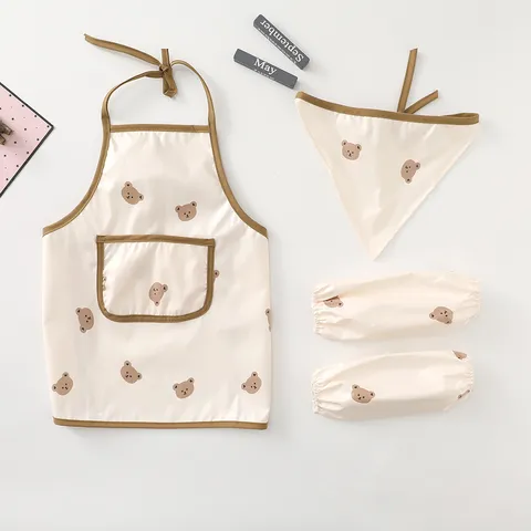 Baby Waterproof Bibs Set Cute Cartoon Print Infant Feeding Apron Toddler Anti Stain Smock With Sleeves And Headscarf
