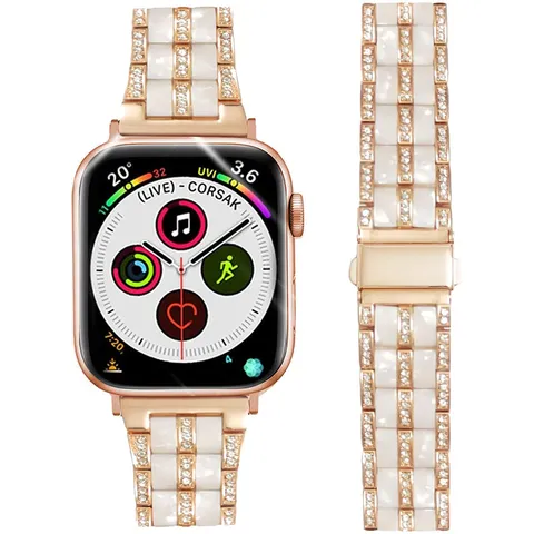 Stainless Steel And Resin Five Bead Watch Band Replacement Strap With Rhinestone Folding Clasp For Smart Watch