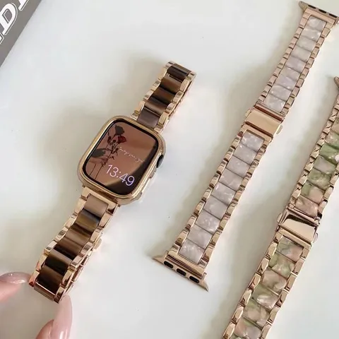 Resin And Metal Watch Band Luxury Replacement Strap Stainless Steel Link Bracelet Fashion Wristband For Smart Watch