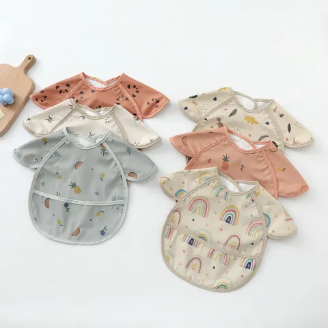 Infant Baby Waterproof PU Smock Cartoon Print Anti-Dirty Feeding Bib Toddler Eating Apron Children Clothes