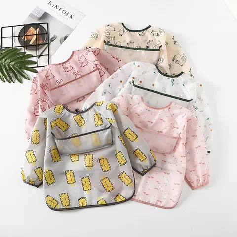Baby Waterproof Long Sleeve Bib Infant Toddler Feeding Coverall Cute Cartoon Print Polyester Baby Feeding Smock