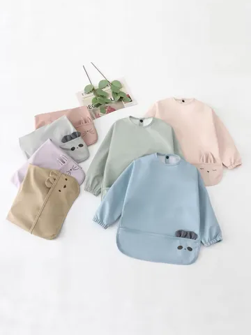 Baby Waterproof Long Sleeve Bib Infant Toddler Feeding Smock Cute Animal Ears Waterproof Food Catcher Baby Eating Bib