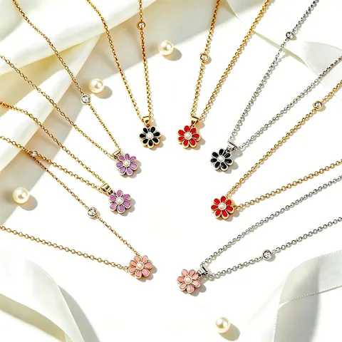 Roestvrij Staal Madeliefje Hanger Halsketting Emaille Strass Zoete Sleutelbeen Ketting Mode Sieraden Cadeau Voor Vrouwen