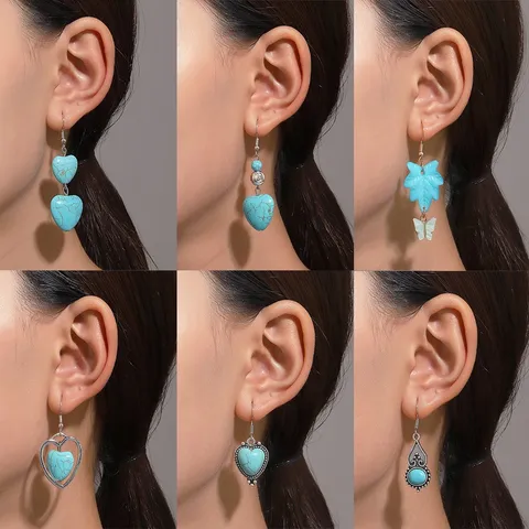 Pendientes Colgantes Étnicos Bohemios Aleación Turquesa Artificial Piedra De Luna Corazón Vintage Acero Inoxidable