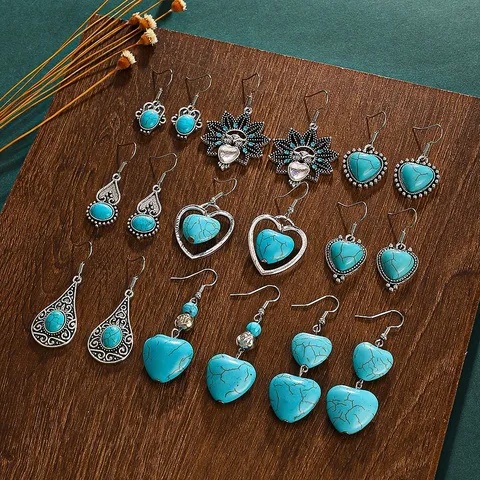 Pendientes Colgantes Étnicos Bohemios Aleación Turquesa Artificial Piedra De Luna Corazón Vintage Acero Inoxidable