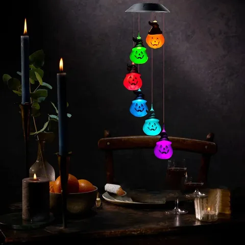 Solar Powered Halloween Pumpkin Wind Chime LED Color Changing Wizard Hat Hanging Lamp Outdoor Garden Yard Decoration