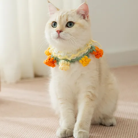 Handmade Knitted Pet Collar Tulip Floral Cute Bib Small Dogs Cats Princess Style Neckwear