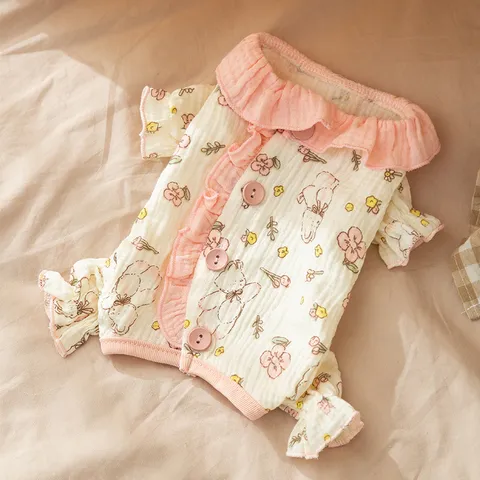 Pijamas para Perros Estilo Princesa Lindo Oso Estampado Floral Ropa de Cuatro Patas Gasa de Algodón Suave para Cachorros