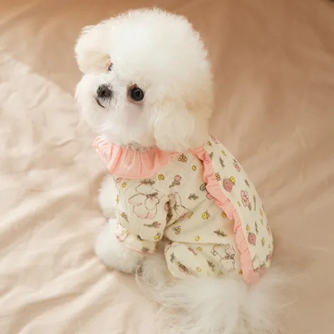Pijamas para Perros Estilo Princesa Lindo Oso Estampado Floral Ropa de Cuatro Patas Gasa de Algodón Suave para Cachorros