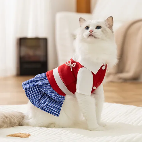 Abito per Gatto e Cane da Compagnia Autunno Inverno Caldo Stile College Vestito Camicia a Quadri Fiocco di Perla Abbigliamento Principessa