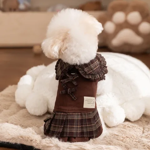 Elegant Polyester Plaid Pet Dress Warm Thickened Autumn Winter Dog Clothes Ruffle Collar Bow Tie Puppy Costume For Small Medium Dogs Cats
