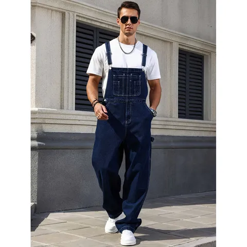 Men's Casual Denim Overalls Loose Straight Leg Cargo Bib Pants High Street Vintage Blue Denim Jumpsuit Plus Size