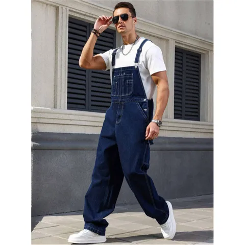 Men's Casual Denim Overalls Loose Straight Leg Cargo Bib Pants High Street Vintage Blue Denim Jumpsuit Plus Size