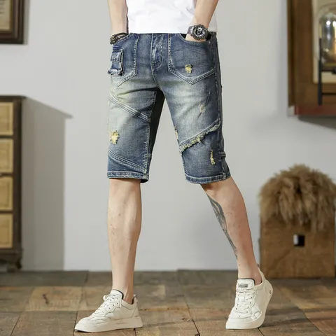 Herren Retro Distressed Denim Shorts Lässige Slim Fit Patchwork Raw Edge Fünf-Punkt-Denim-Hose