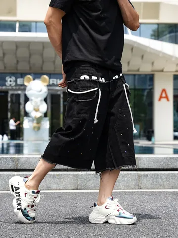 Herren Casual Denim Shorts Hip Hop Stil Wasvierte Baumwolle Gerade Hose Mit Strass Und Offener Kante Sommer