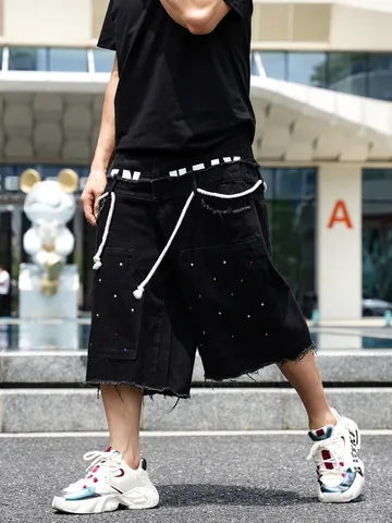 Herren Casual Denim Shorts Hip Hop Stil Wasvierte Baumwolle Gerade Hose Mit Strass Und Offener Kante Sommer