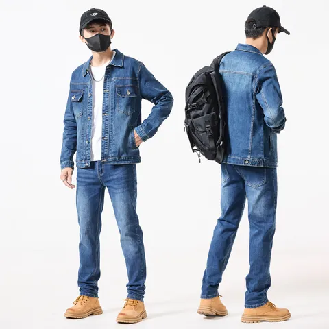 Herren Casual Denim Jacke Und Hose Set Langarm Revers Einreiher Regular Fit Baumwolle Outwear Hose Mode