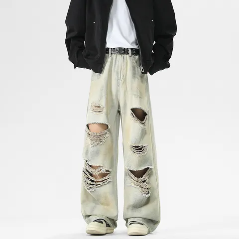 Pantalón Vaquero Casual para Hombre Desgastado Lavado Recto Suelto Streetwear Tendencia Estilo Hip Hop