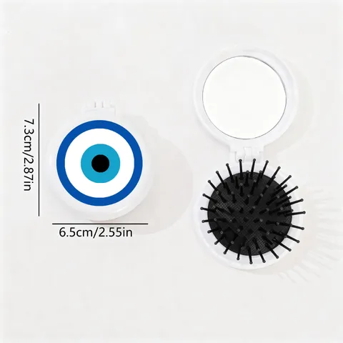 Portable Folding Mirror Comb Evil Eye Print PP Plastic Compact Hair Brush Makeup Mirror Travel Pocket Hair Styling Tool