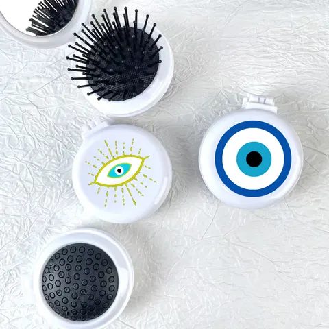 Portable Folding Mirror Comb Evil Eye Print PP Plastic Compact Hair Brush Makeup Mirror Travel Pocket Hair Styling Tool