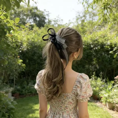 Elegante Zwarte Organza Strik Haar-Scrunchie Lint Lange Staart Haarelastiek Mode Paardenstaart Houder Haaraccessoires Voor Vrouwen