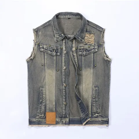 Men's Vintage Washed Denim Vest Sleeveless Distressed Jacket Lapel Single-Breasted Retro Outerwear