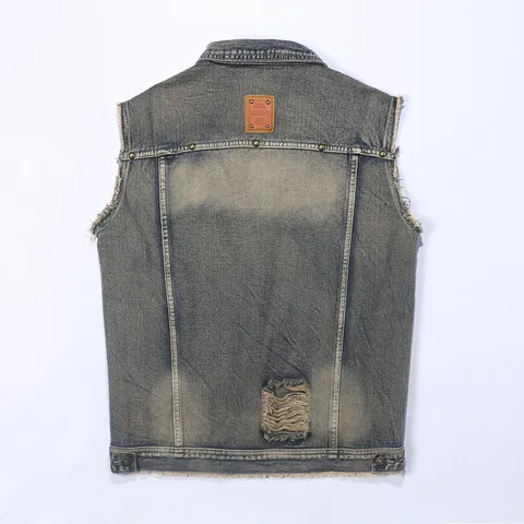 Men's Vintage Washed Denim Vest Sleeveless Distressed Jacket Lapel Single-Breasted Retro Outerwear