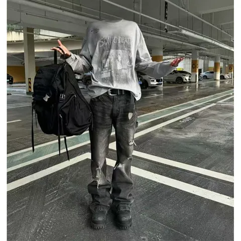 Men High Street Ripped Flare Jeans American Biker Distressed Cotton Denim Pants Vintage Washed Heavyweight Long Trousers Casual Bottoms