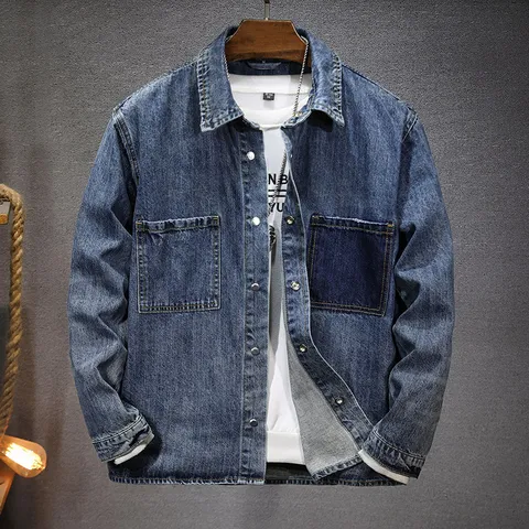 Men's American Vintage Casual Denim Shirt Long Sleeve Loose Fit Cotton Blend Utility Button Down Shirt