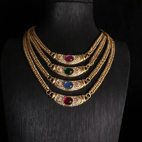 Collar De Cadena De Cobre Vintage Francés Con Vidrio Coloreado Y Estrass Joya Gargantilla Chapada En Oro Para Mujer