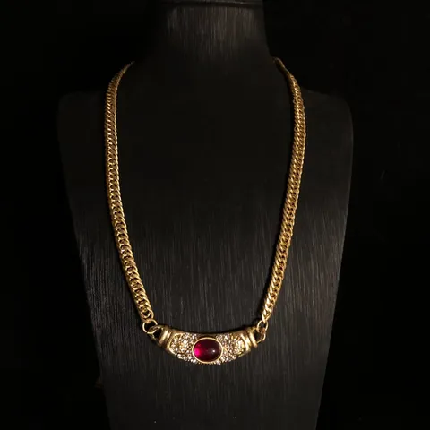 Collar De Cadena De Cobre Vintage Francés Con Vidrio Coloreado Y Estrass Joya Gargantilla Chapada En Oro Para Mujer