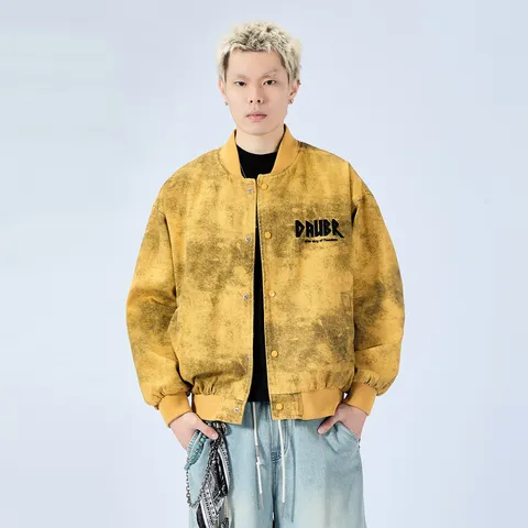 Giacca Casual Vintage Lavata da Uomo Retro Collo alla Coreana Manica Lunga Vestibilità Larga Ricamata con Lettere Capispalla Streetwear